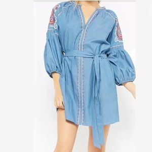 Long sleeve denim blue jean Belted peasant dress
